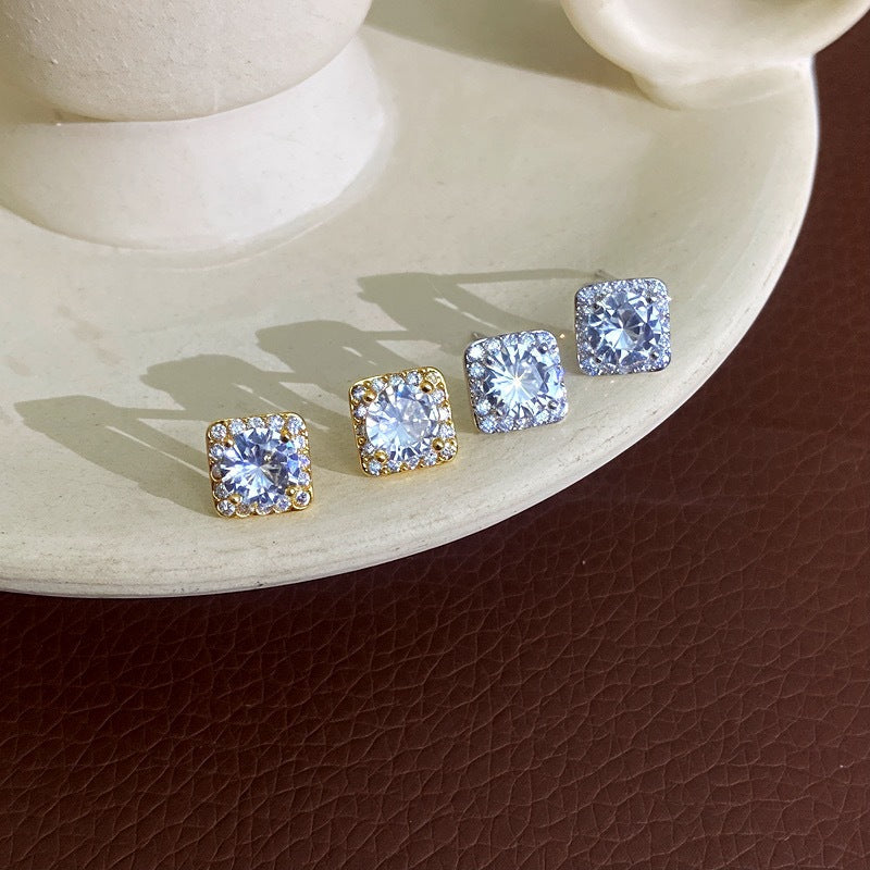 Womens Delicate Mini Geometric Square Rhinestone Stud Earrings,Costume Earrings For Daily Party Wear