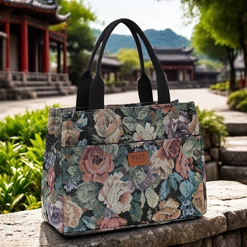 Chic Lunch Retro Floral Oil Painting Tote Commute Bag