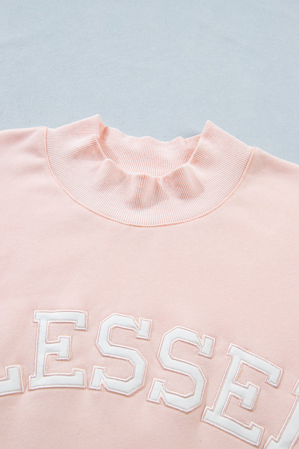 Light Pink BLESSED Embroidered Trim Patch Graphic Plus Size Mock Neck Sweatshirt