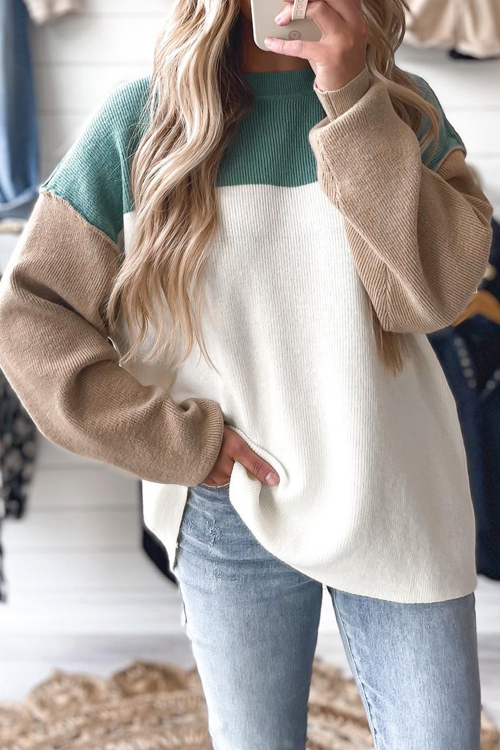 Colorblock Ribbed Knit Long Sleeve Sweater