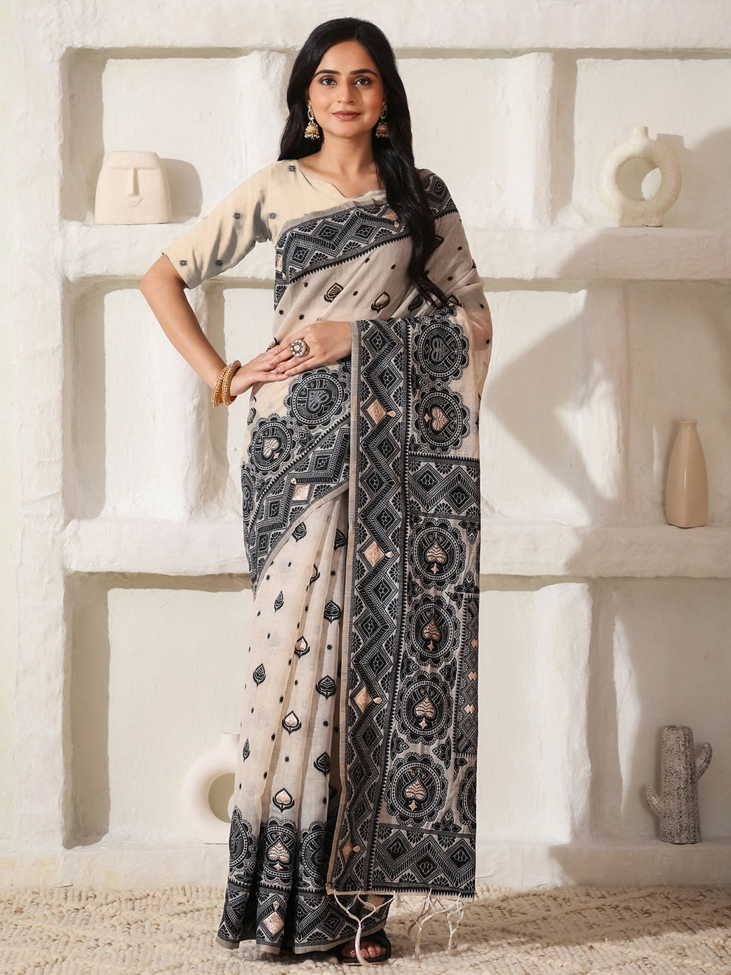 Black and Cream Linen Cotton Saree with Matching Blouse