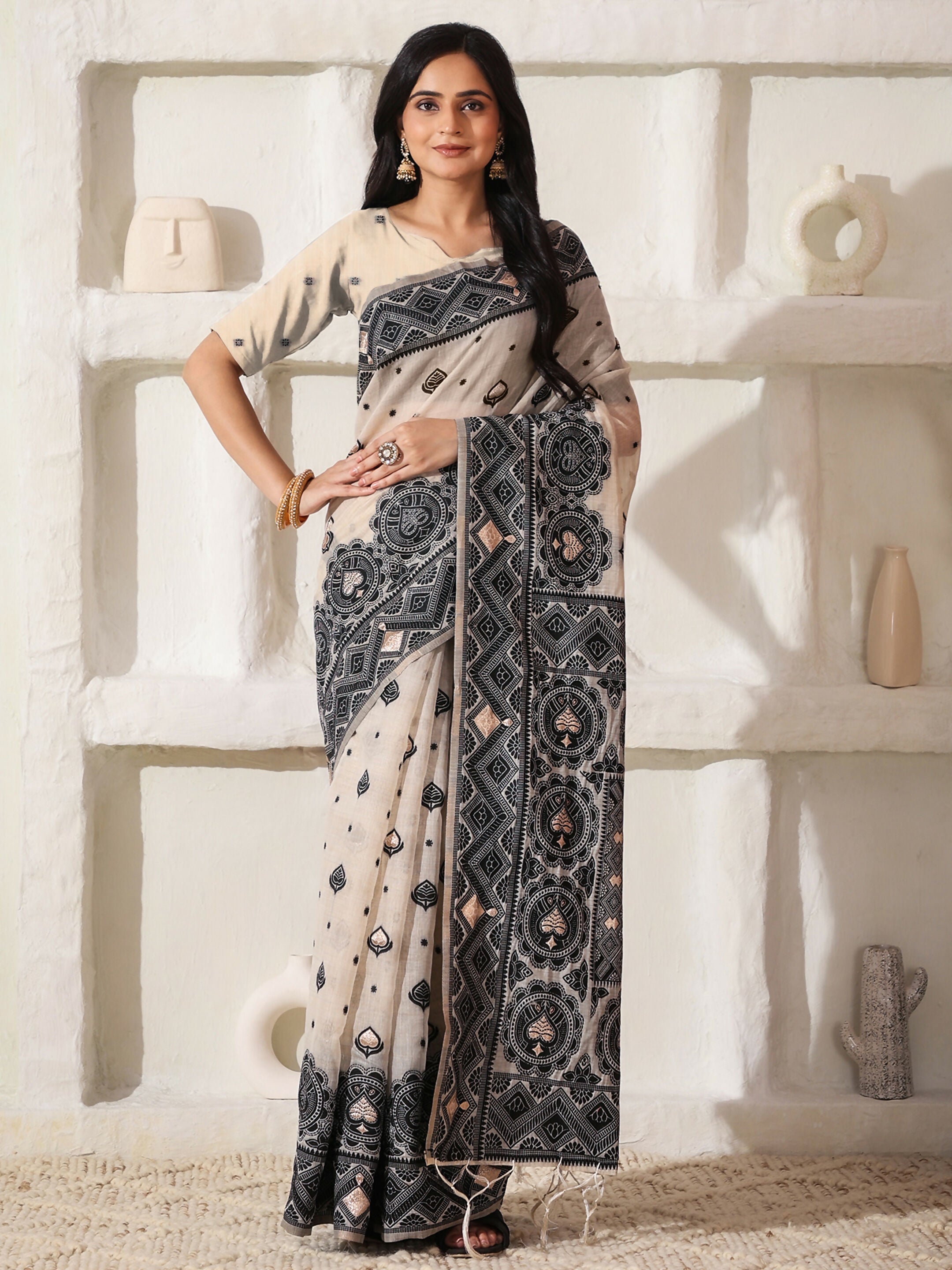 Black and Cream Linen Cotton Saree with Matching Blouse