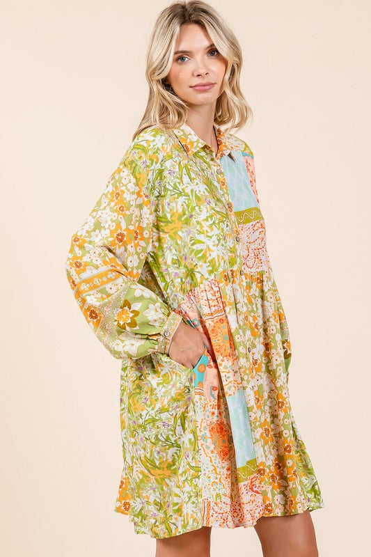 Floral Button Detail Long Sleeve Shirt Dress