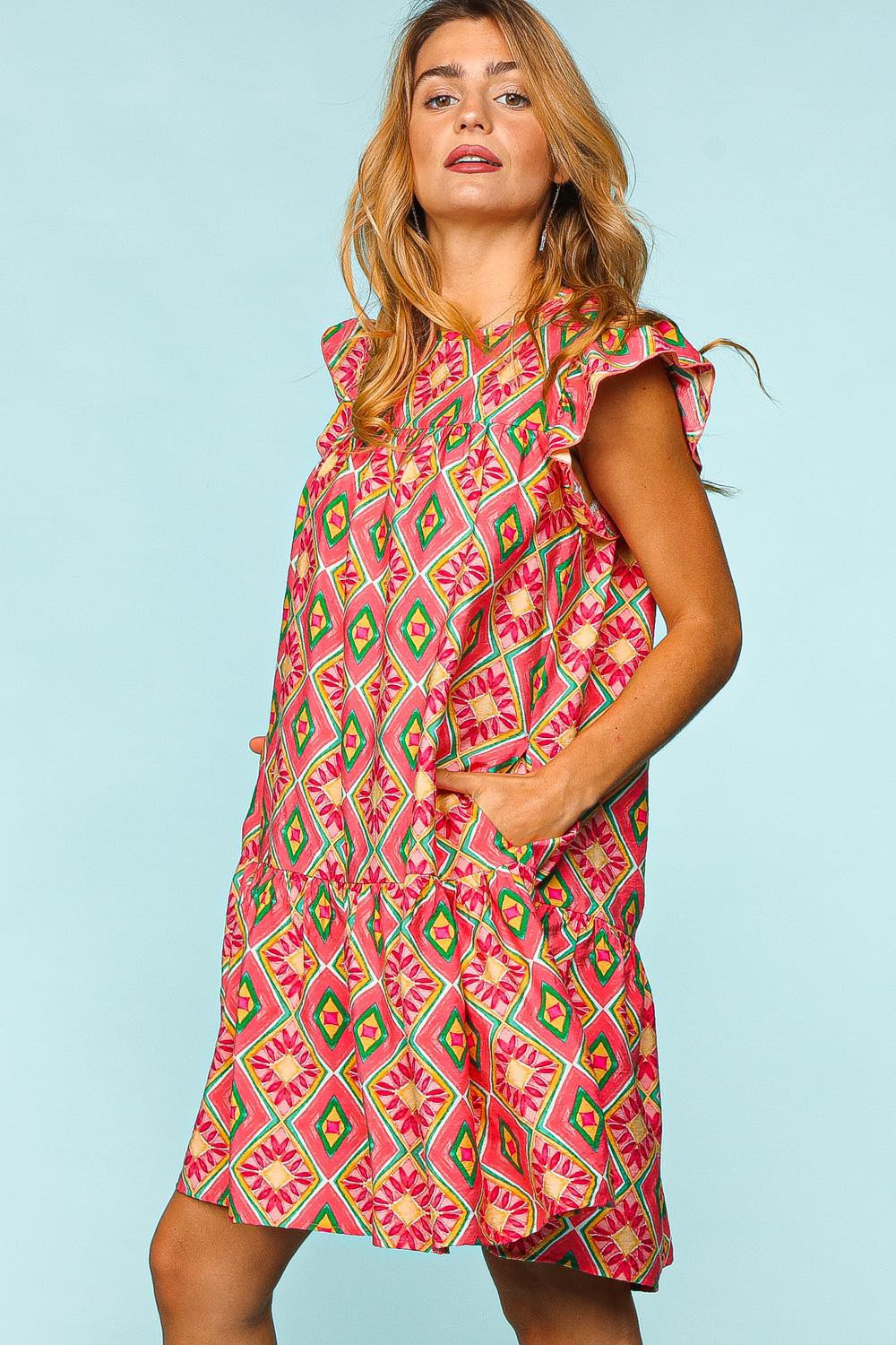 Ruffled Cotton Geometric Print Dress with Side Pockets