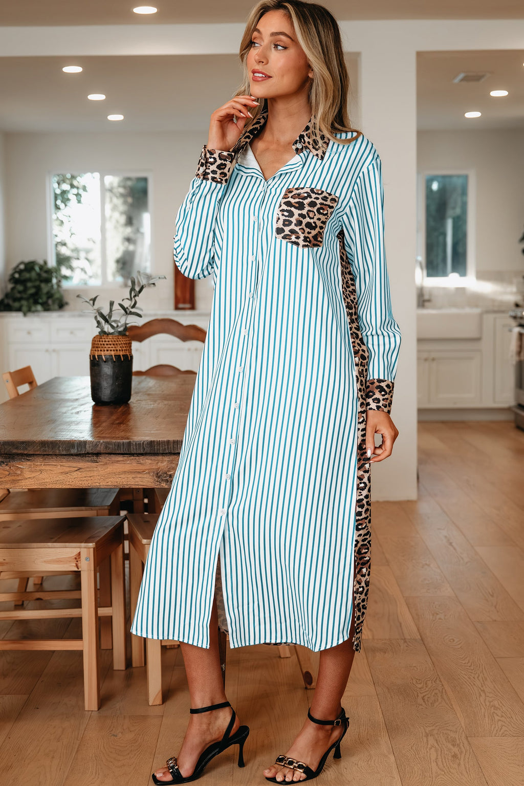 Sky Blue Stripe Leopard Patchwork Cotton Shirt Dress