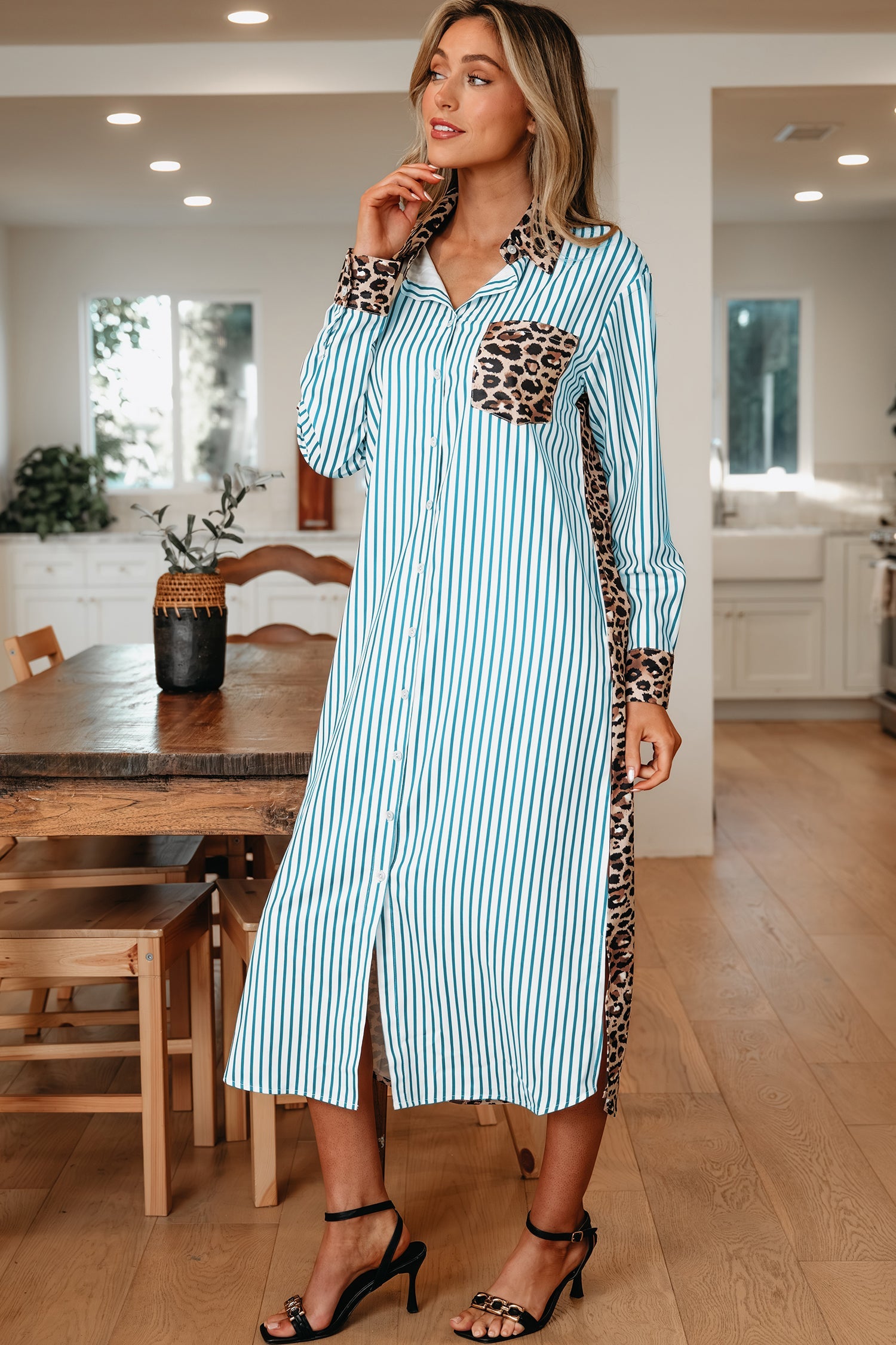 Sky Blue Stripe Leopard Patchwork Cotton Shirt Dress