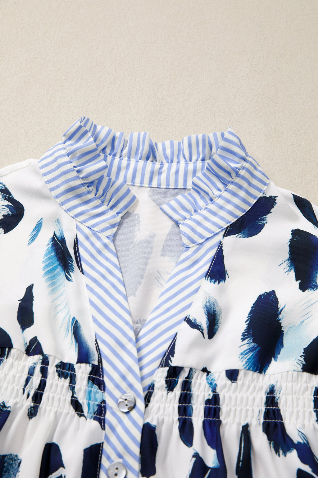 Abstract Leopard Stripe V-Neck Blouse with Ruffle Trim