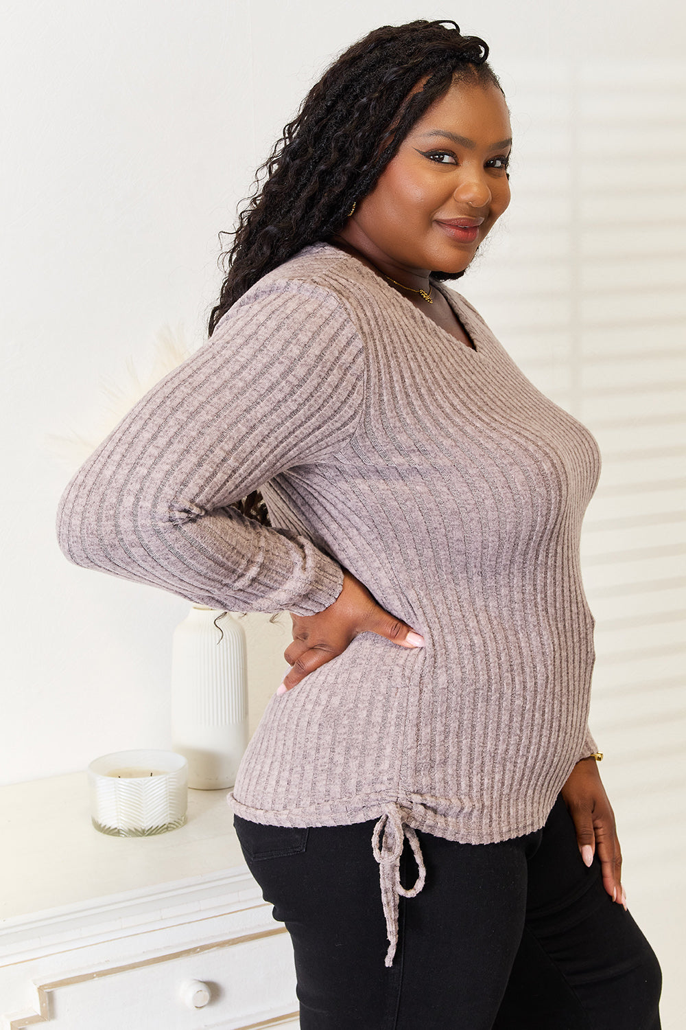 Drawstring Ribbed Long Sleeve T-Shirt | Stretchy Knit Top