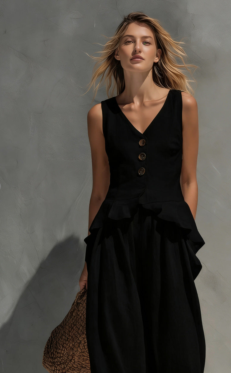 Women's Button-Front Peplum Top and Wide-Leg Pants Two-Piece Set - Image 6