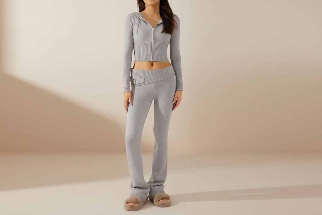 Women's Cozy Knitted 2-Piece Set - Cardigan & High-Waisted Pants