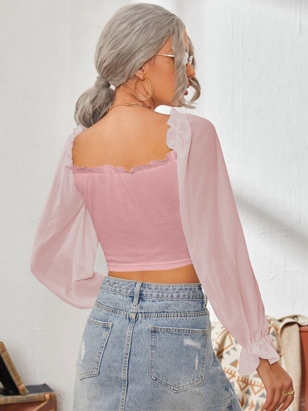 Mesh Sweetheart Neck Flounce Sleeve Top with Ruffled Detail - Image 16