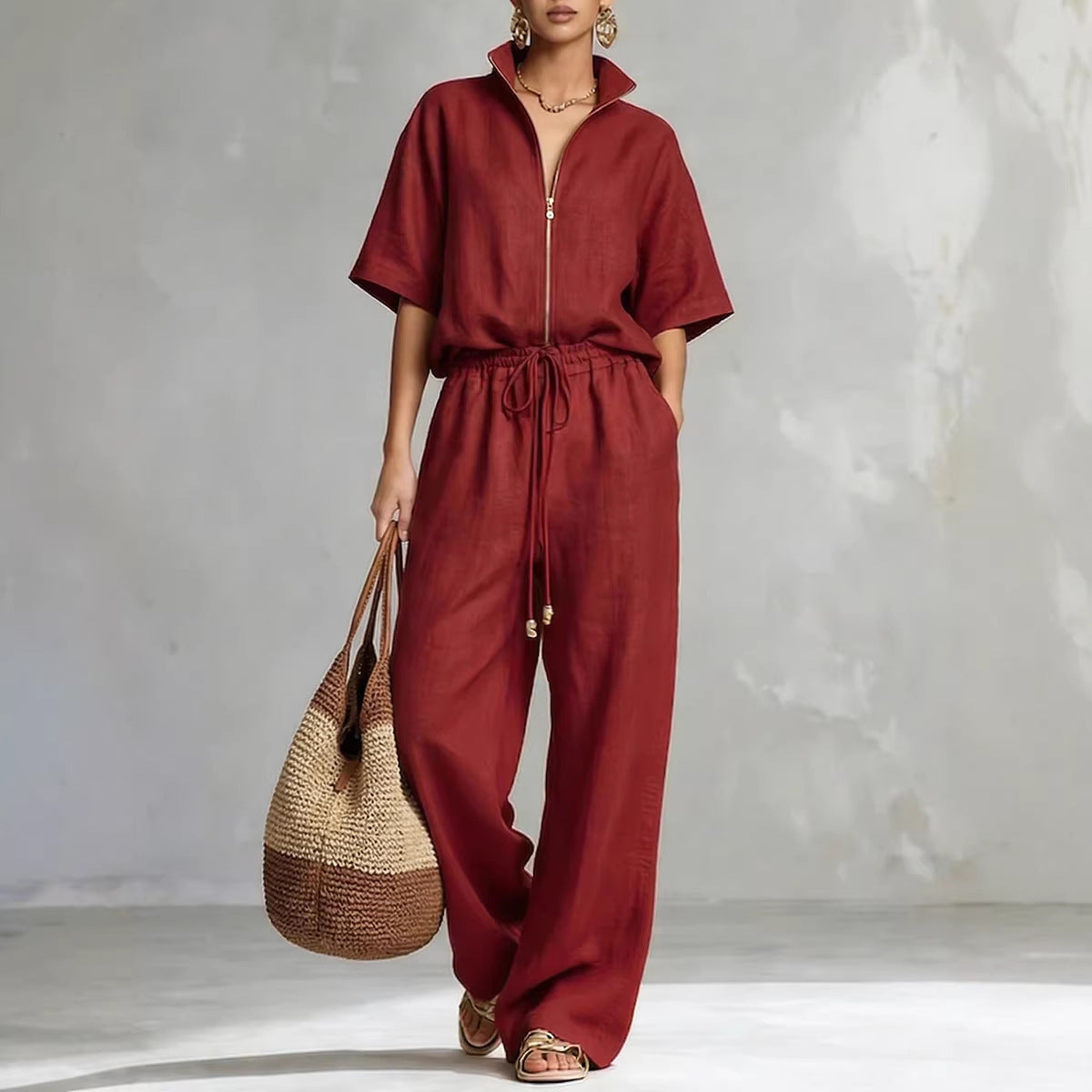 Women's Zip-Front Short Sleeve Top and Wide-Leg Pants Set - Image 2