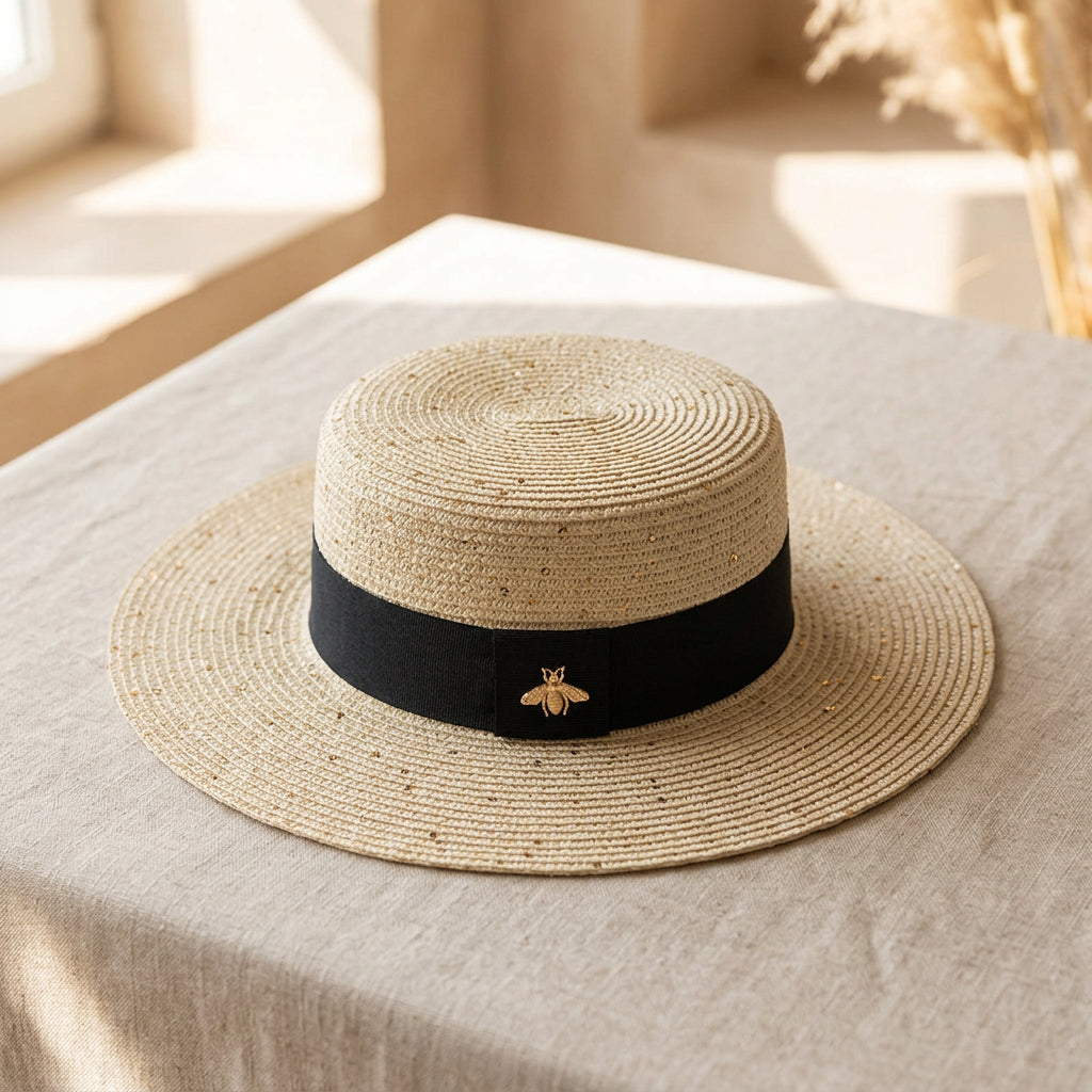 Retro Gold Woven Straw Hat – European & American Flat Top Adjustable Sun Hat