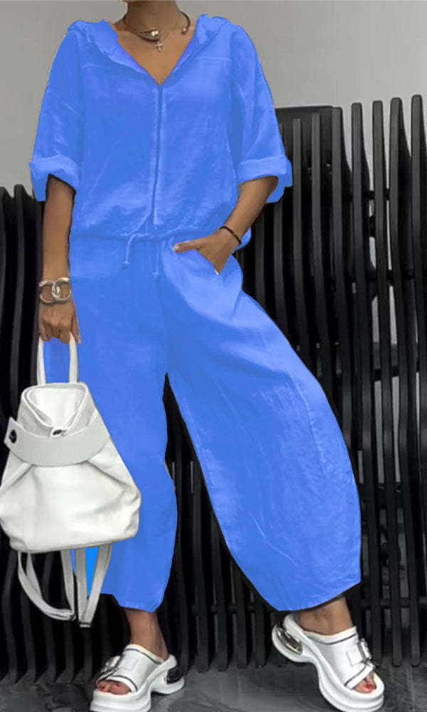 Women’s Cotton Linen Hooded Long Sleeve Top and Pants Set - Image 6