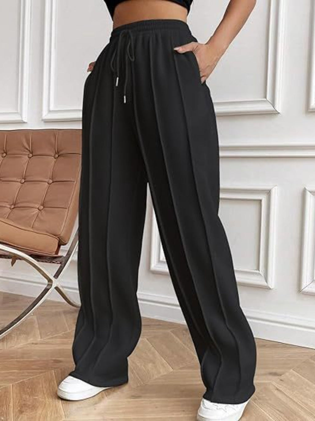 Women's High-Waisted White Drawstring Wide Leg Pants with Pockets - Image 14