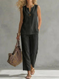 Women's Sleeveless V-Neck Top and Wide Leg Pant Two-Piece Set