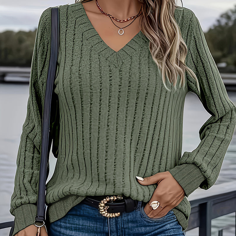 Women's Ribbed Knit Long Sleeve V-Neck Blouse in Olive Green - Image 2