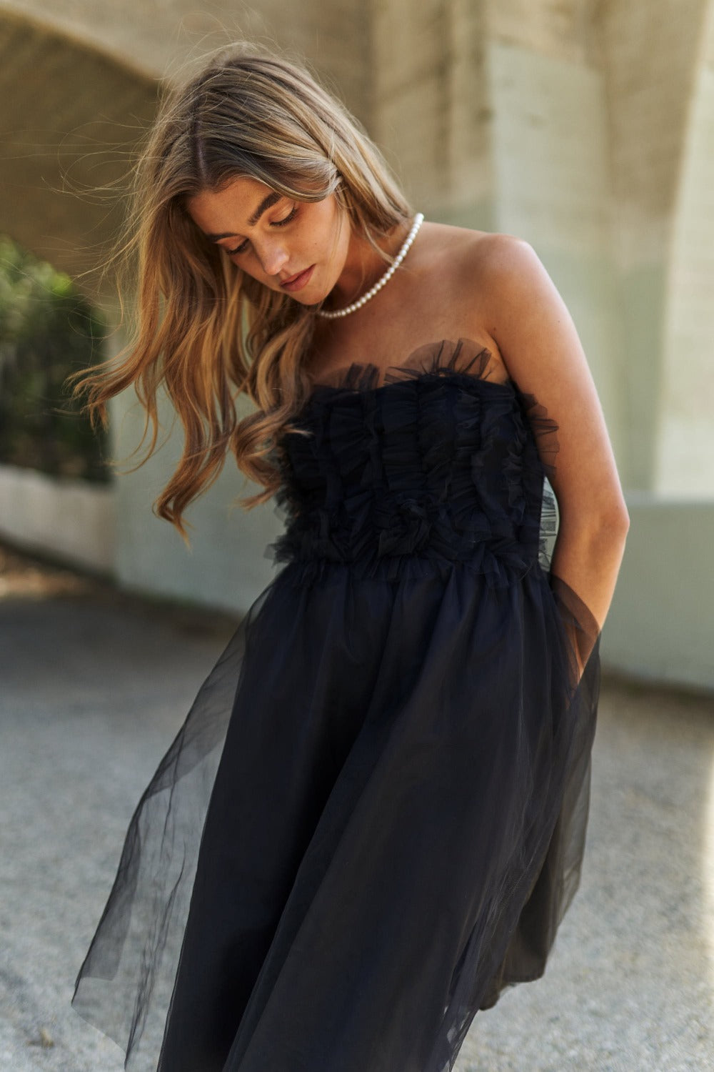 Black Mesh Ruffle Tube Top Swing Dress for Summer