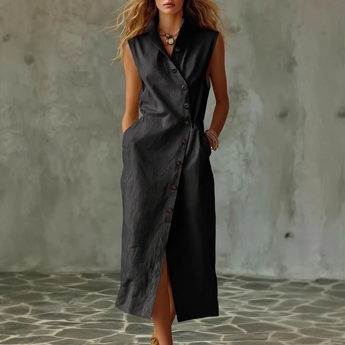 Women's Sleeveless Stand Collar Midi Dress with Button Front - Image 2