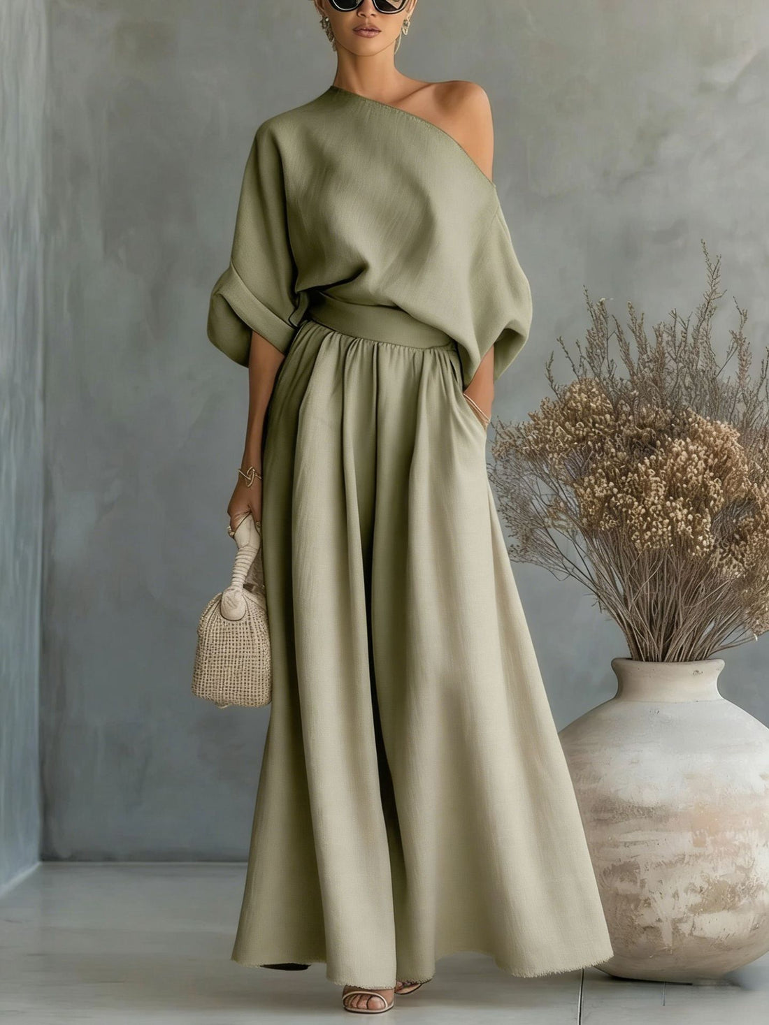 Off-Shoulder Crop Top and Wide-Leg Pants Two-Piece Set - Image 8