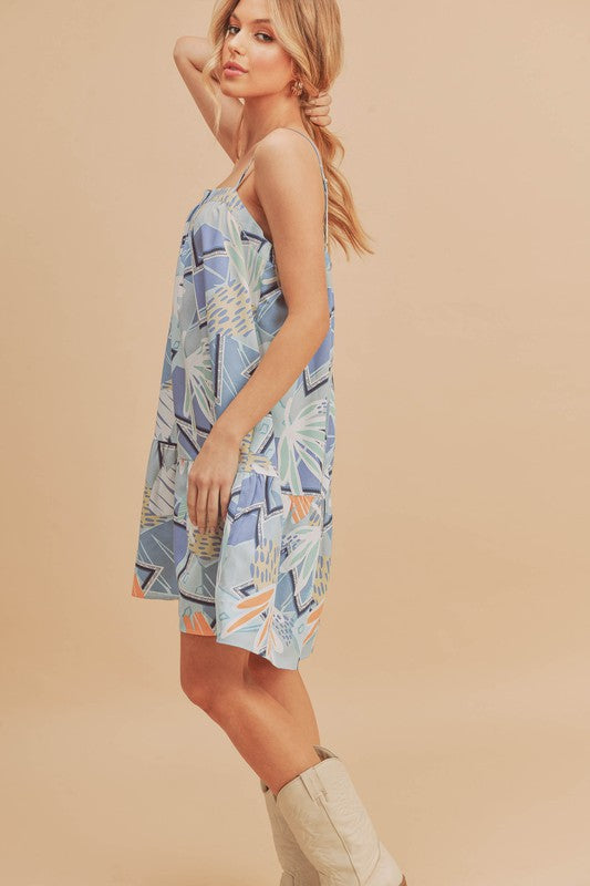 Printed Square Neck Mini Cami Dress with Ruffled Hem