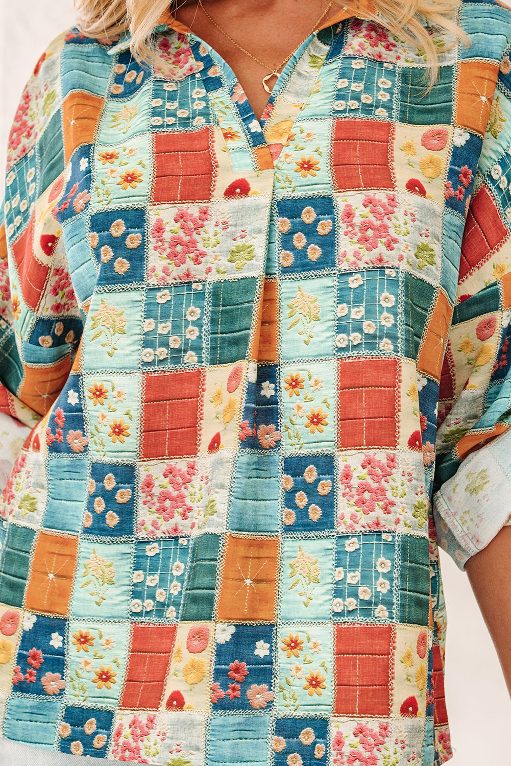 Floral Patchwork Long Sleeve Collared V-Neck Blouse