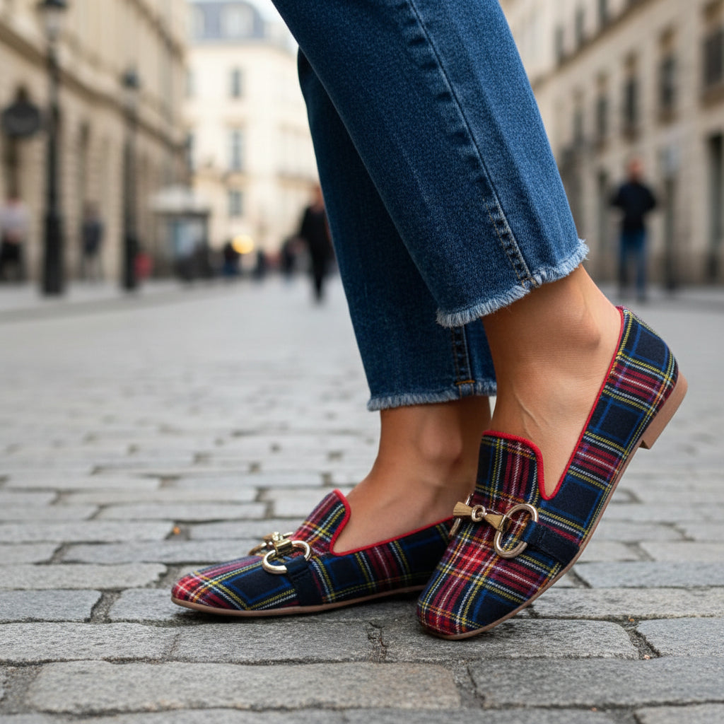 Women's Red and Blue Plaid Square Toe Buckle Loafer Flats - Image 3