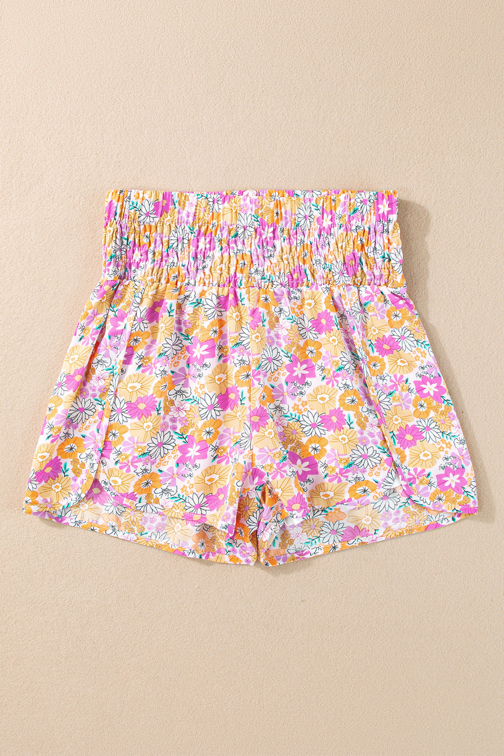 Pink Boho Floral Shirred High Waist Athletic Shorts