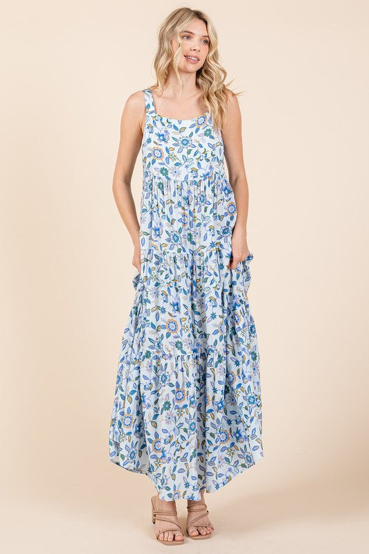 Floral Print Tiered Sleeveless Empire Maxi Dress for Women