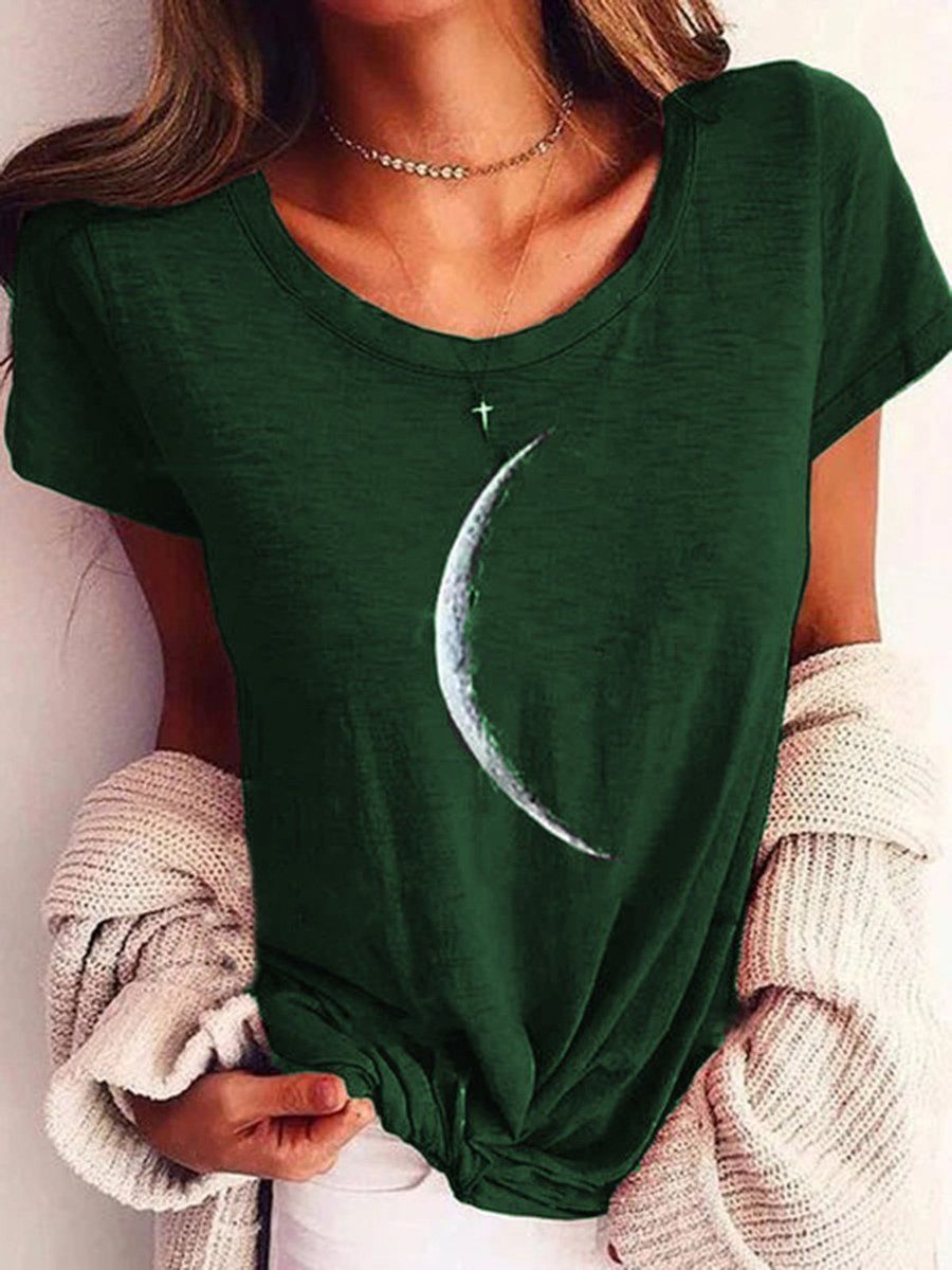 Women wearing a dark green short sleeve t-shirt with a white crescent moon graphic print