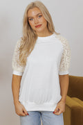 White Lace Crochet Short Sleeve Round Neck T-Shirt