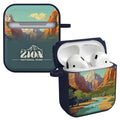 Zion National Park themed protective case cover for Apple AirPods clipped onto a hiking backpack.
