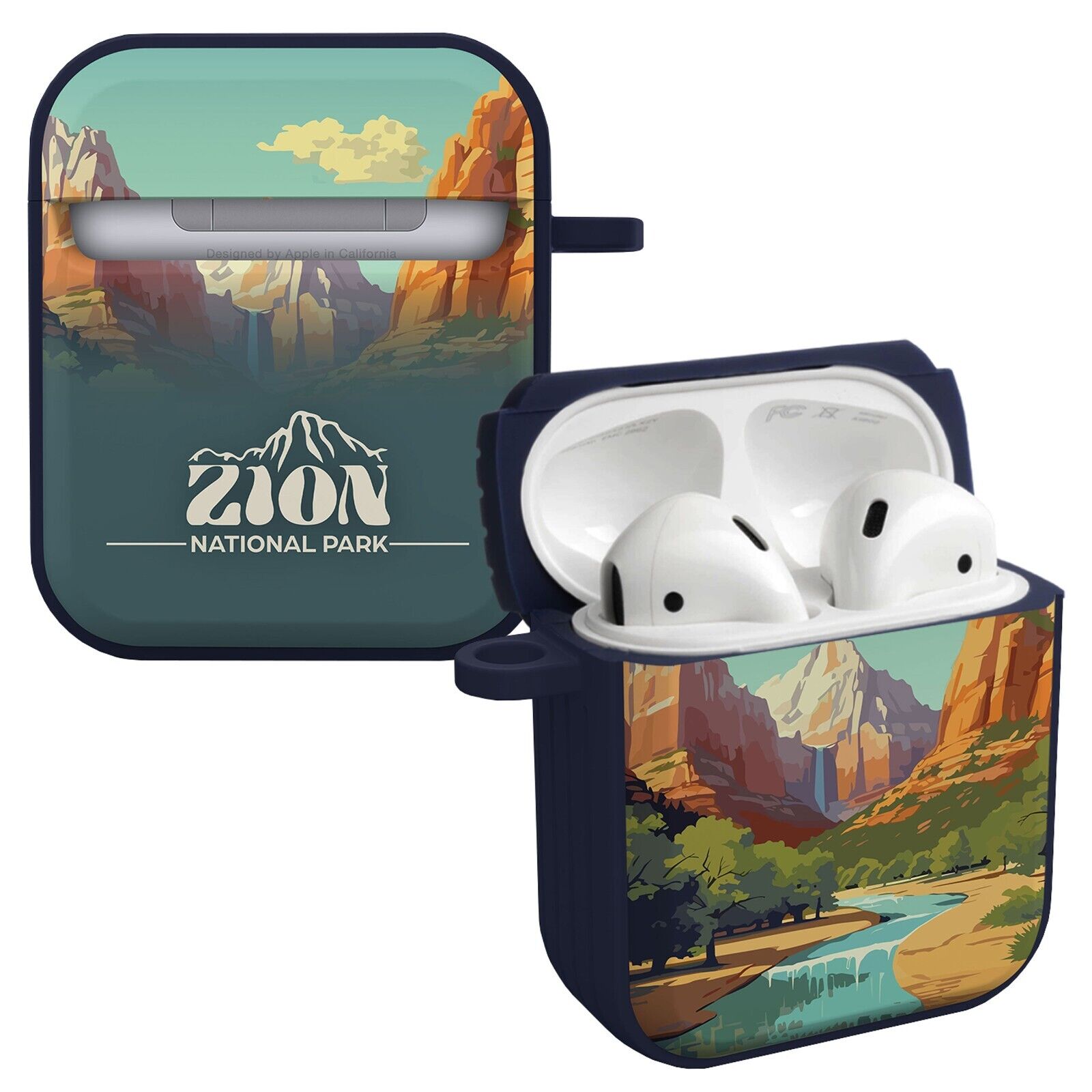 Zion National Park themed protective case cover for Apple AirPods clipped onto a hiking backpack.