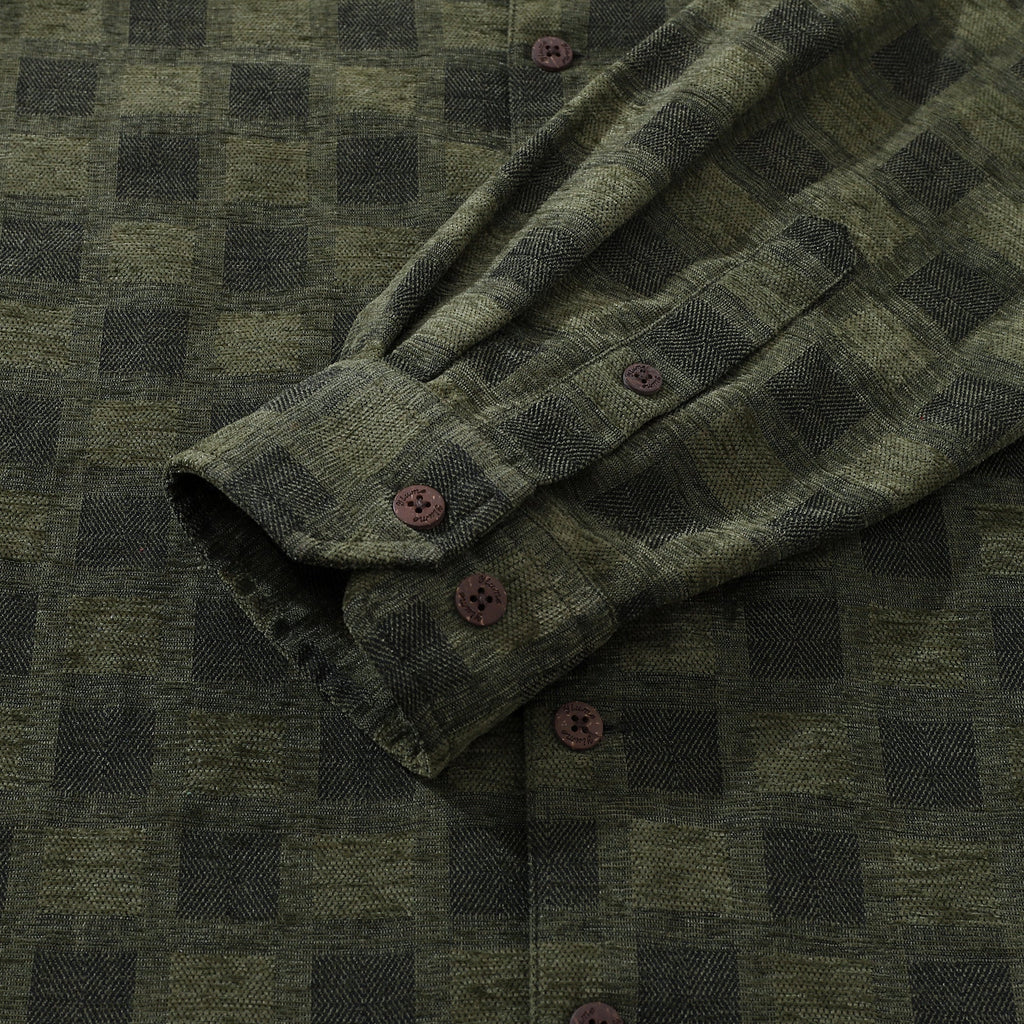 Olive Green Check Long Sleeve Hawaiian Shirt Men's Cotton