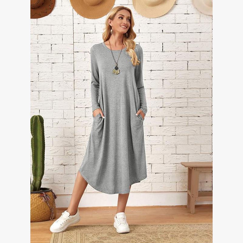Women's Long Sleeve Cotton Blend Midi Dress with Side Pockets - Image 4