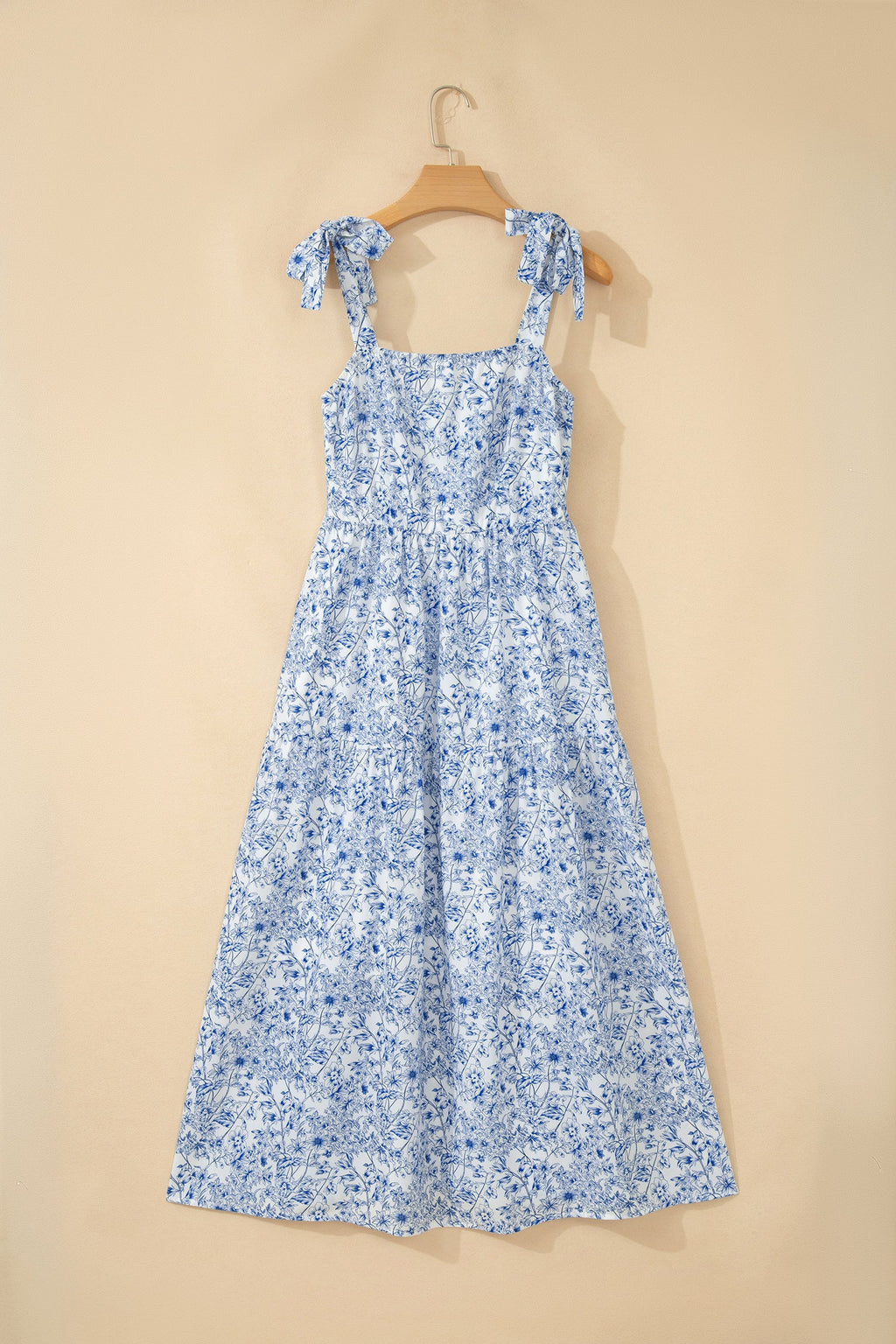 Floral Tie Strap Flared Maxi Dress with Adjustable Square Neckline