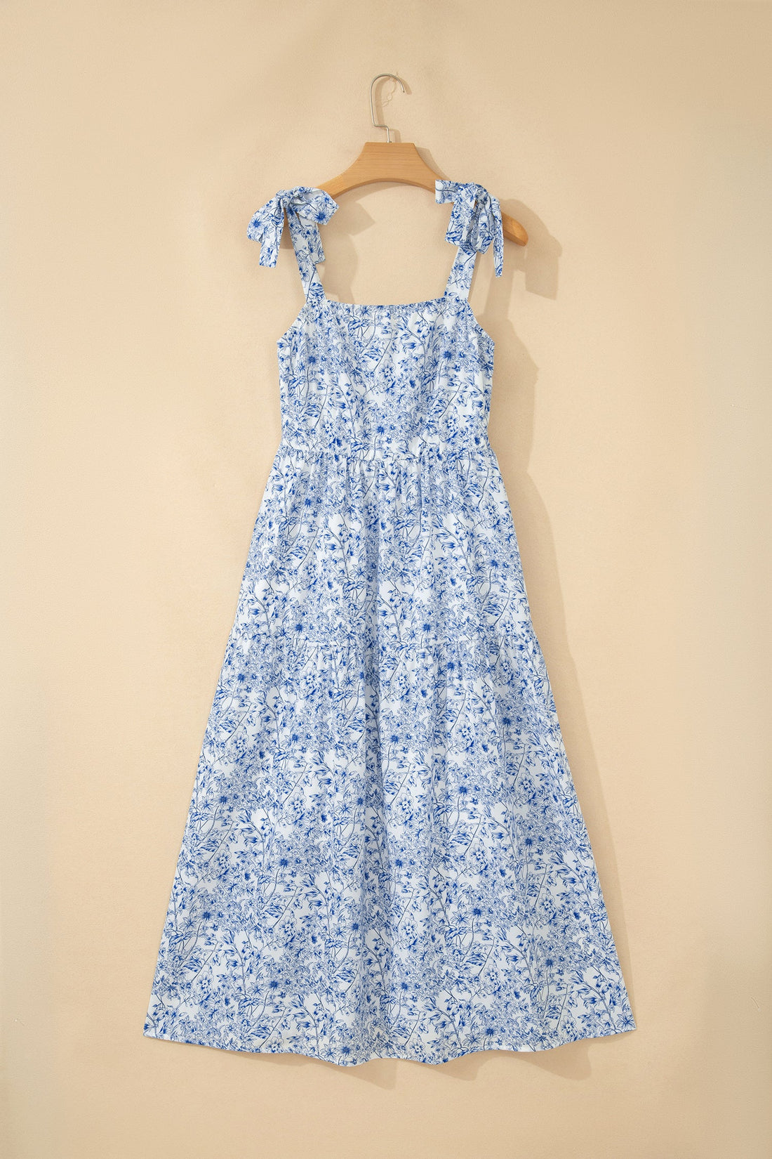 Floral Tie Strap Flared Maxi Dress with Adjustable Square Neckline