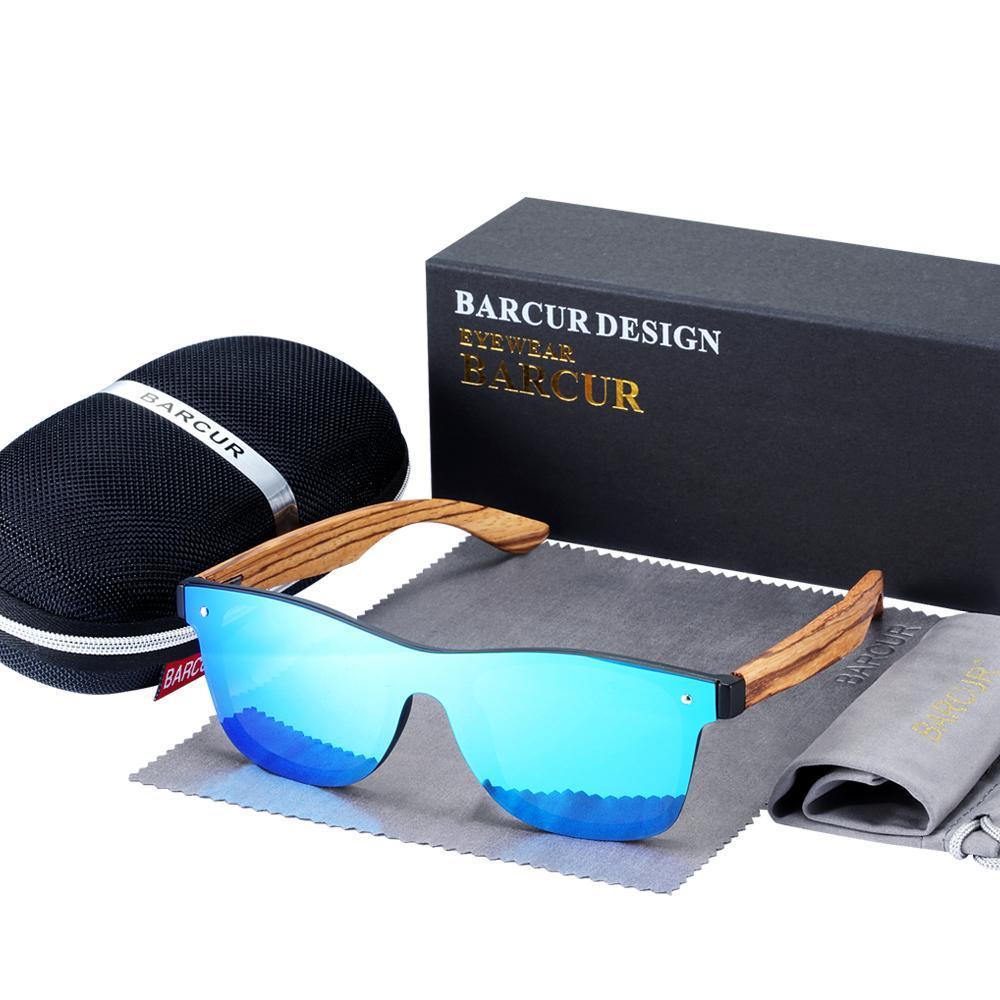 Handmade unisex bamboo sunglasses with walnut wood arms and polarized blue-tinted lenses.