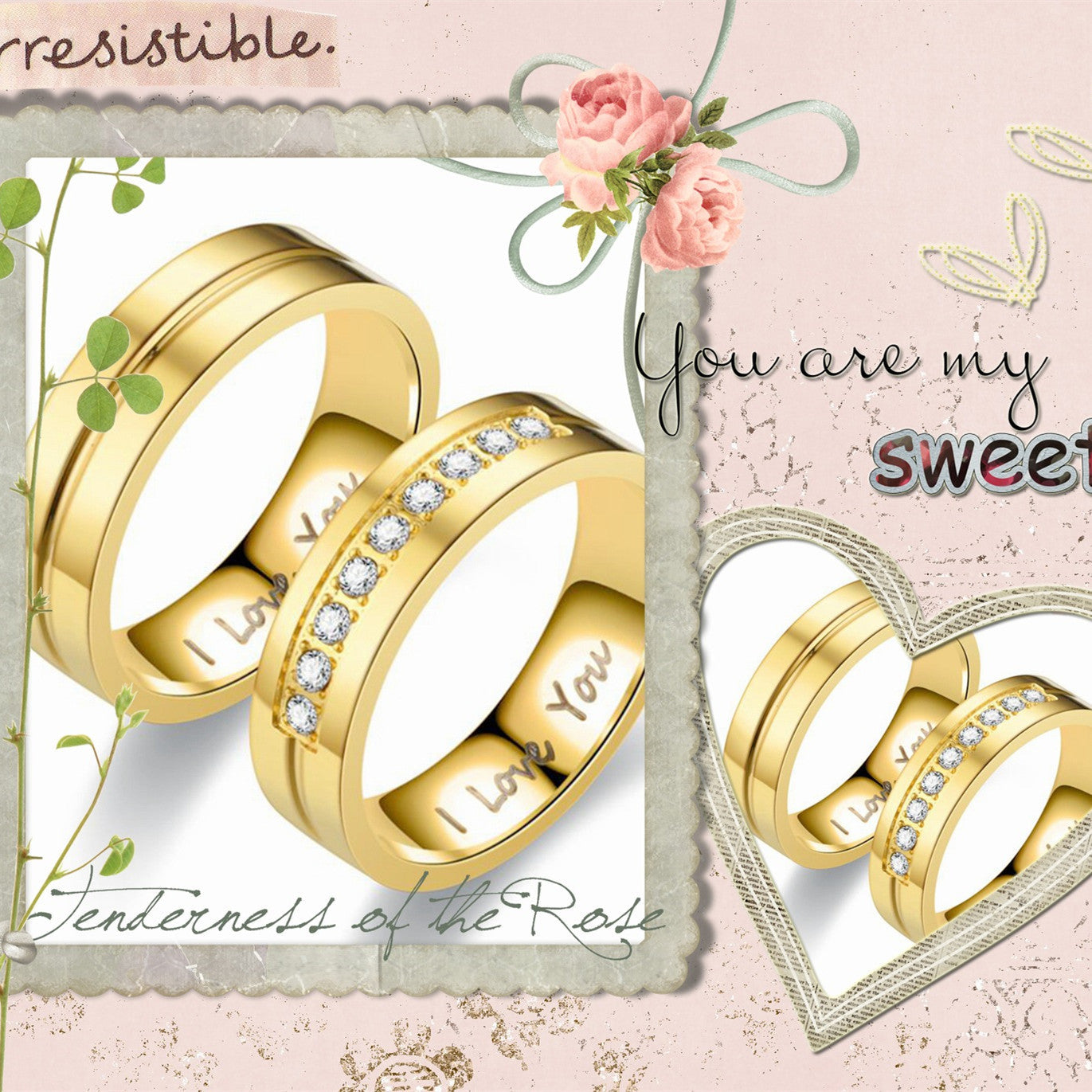 U-Shaped Stainless Steel Couple Ring with diamond-studded finish in silver and gold