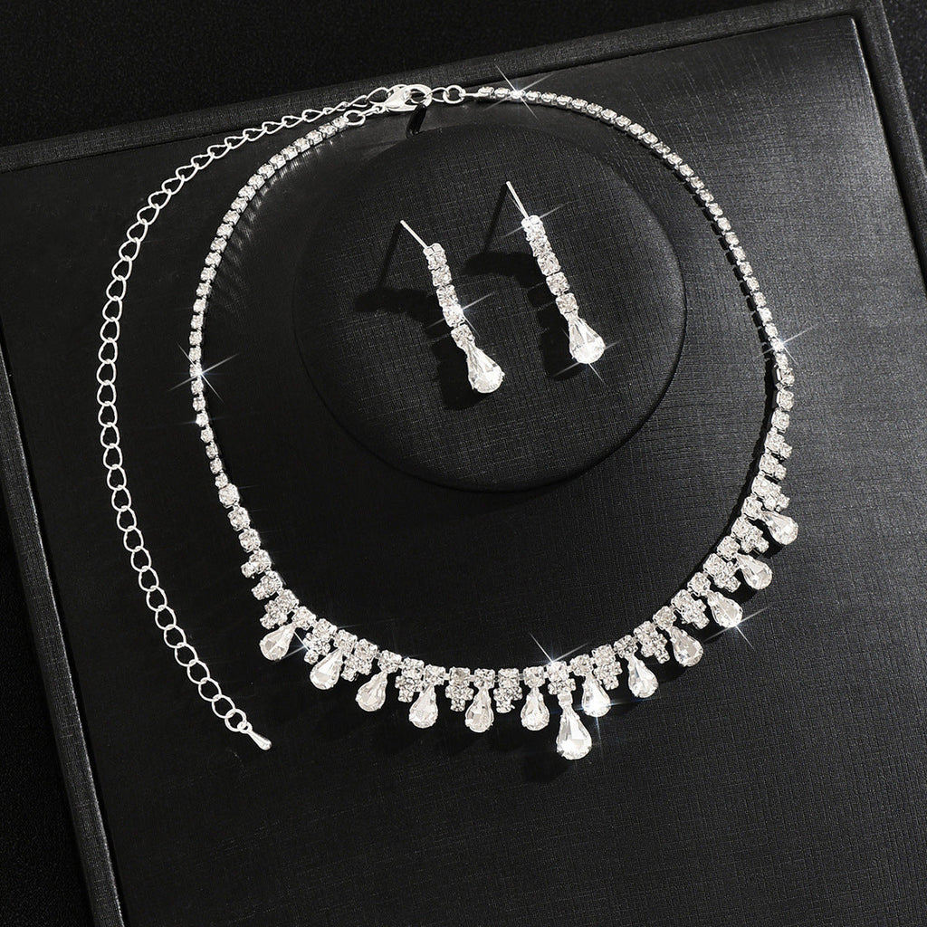 Women 2 Pcs V Shaped Waterfall Teardrop Rhinestone Jewelry Set,Choker Necklace And Dangle Earrings,Elegant Bridal Costume Accessories For Wedding Banquet Party Occasion