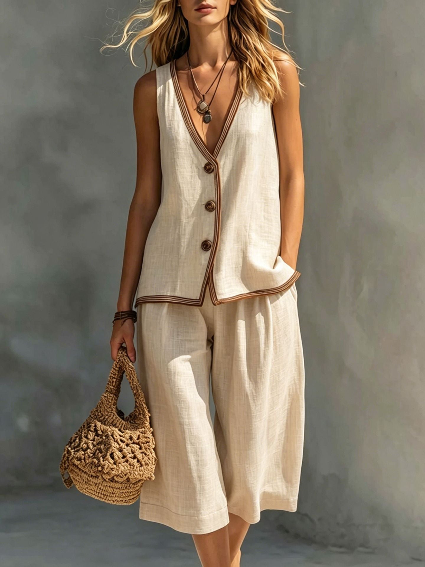 Women's Sleeveless Buttoned Vest and Shorts Two-Piece Linen Set