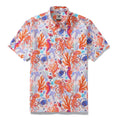 Men's short sleeve button-down shirt with vibrant ocean life, coral, and blue print on a white background.