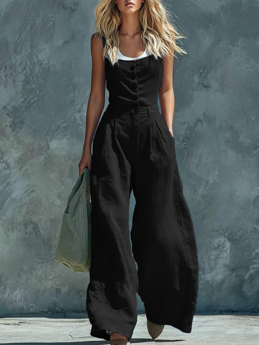 Women's Retro Button-Front High-Waist Wide-Leg Jumpsuit - Image 2