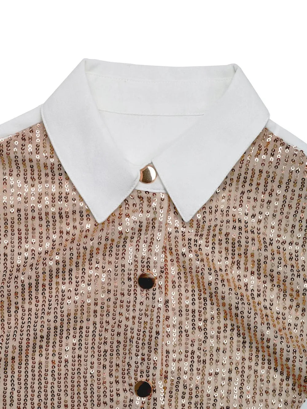 White Long Sleeve Button Down Shirt with Gold Sequin Contrast