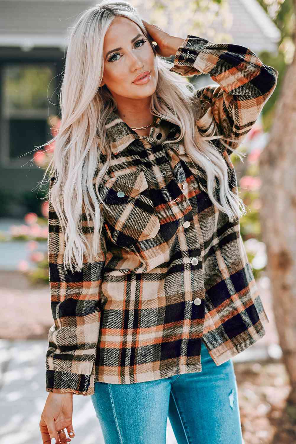 Women's Classic Plaid Button Front Shirt Jacket