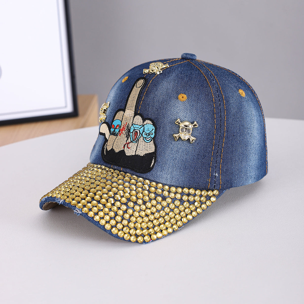 Metal Skull Diamond-Studded Flat Brim Snapback