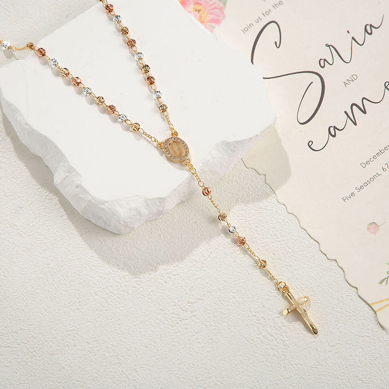 Retro Beaded Cross Necklace in Gold Tone Alloy