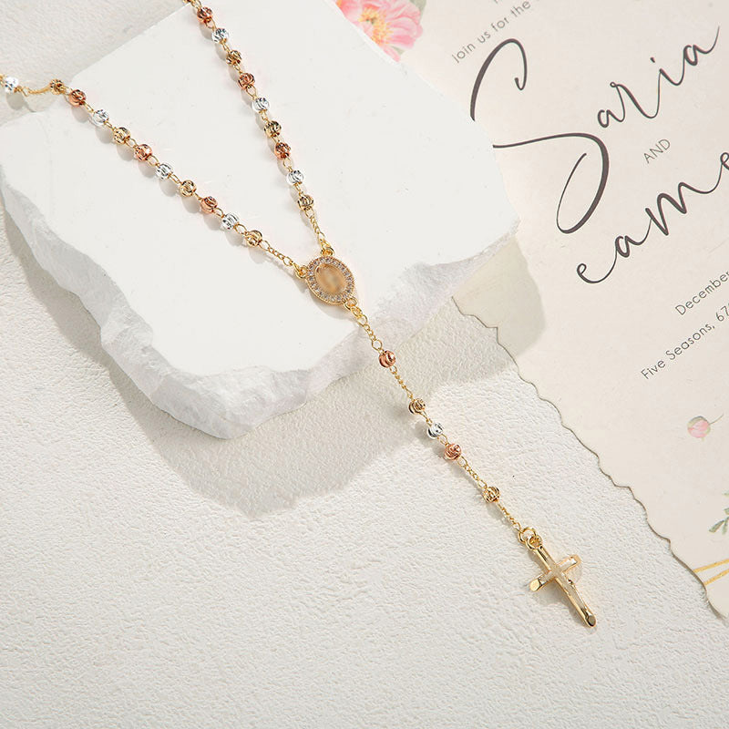 Retro Beaded Cross Necklace in Gold Tone Alloy