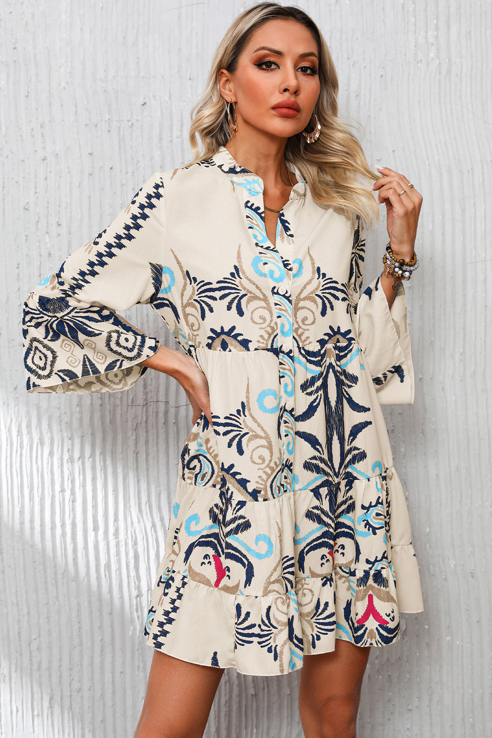 Tribal Print Button Mini Dress with Bracelet Sleeves