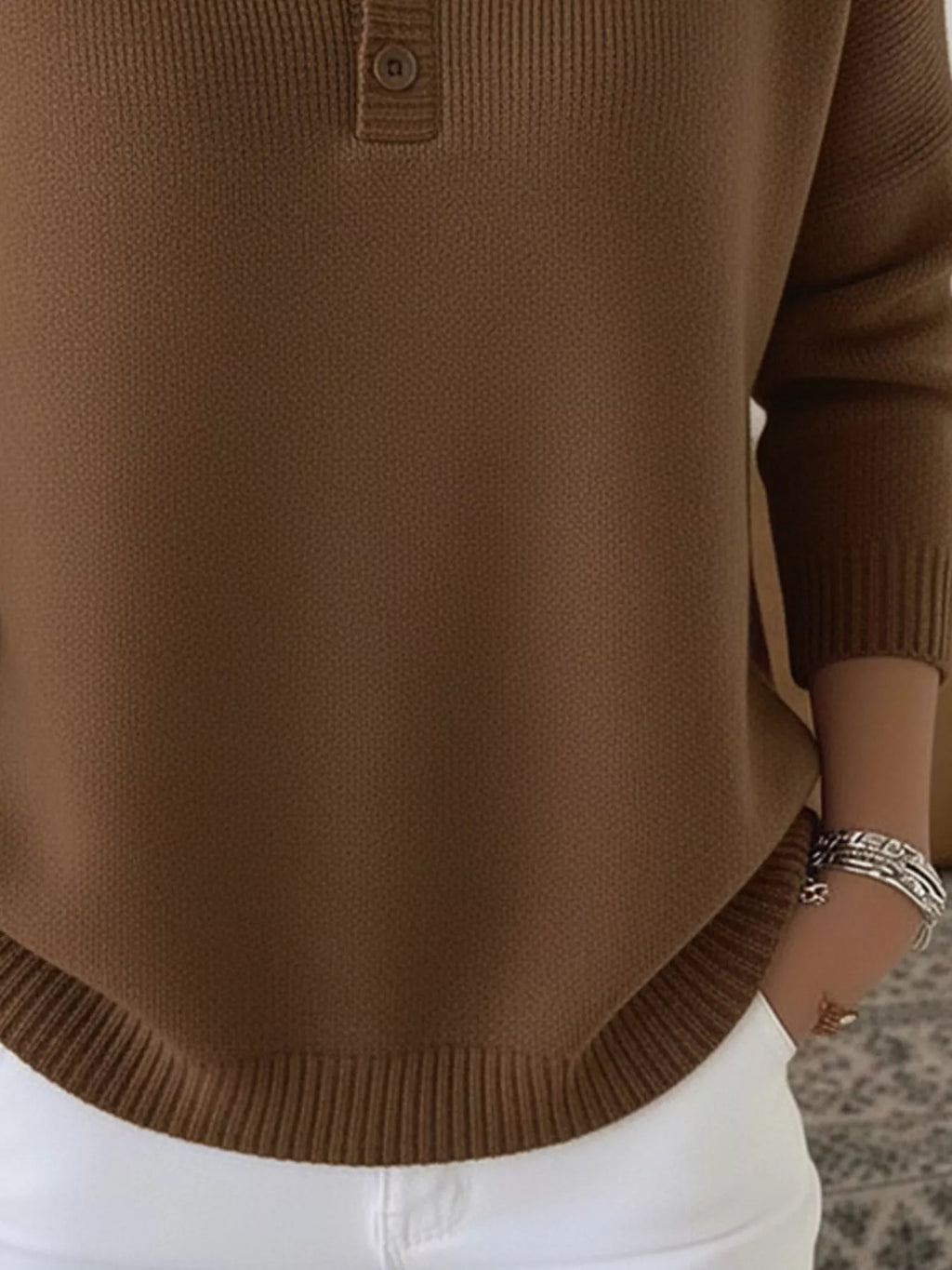 Full Size Half Button Long Sleeve Knit Top Plus Size